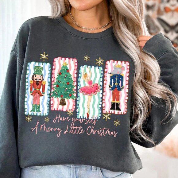 Retro Christmas Nutcracker Coquette Merry and Bright Preppy Holiday Sweatshirt05 - Picture 1 of 5